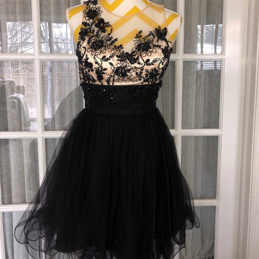 A beautiful nude/black dress covered in jewels.